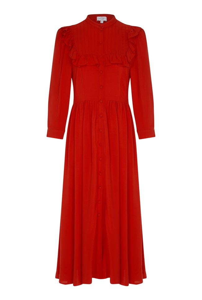 Midi Other Dress With 3/4 Sleeves In Red With self-covered buttons ...