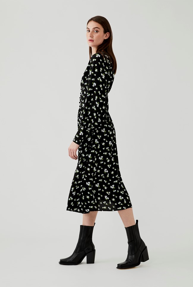 Midi Other Dress With Long Sleeves In Black and white | Semi-Fitted ...