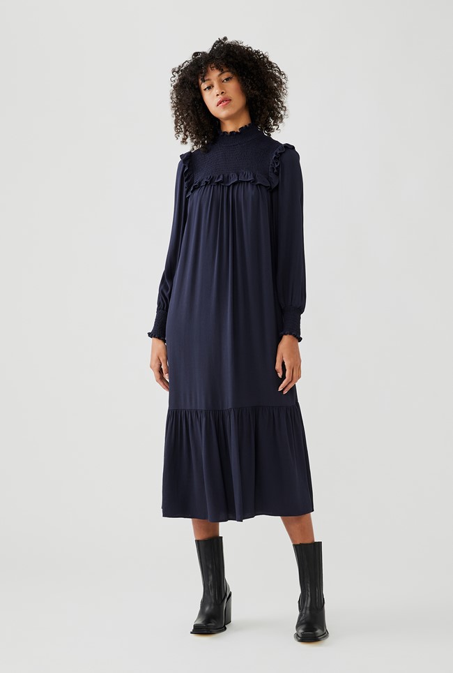 Midi Crepe Dress With Long Sleeves In Navy With A Ruffled High Neckline ...