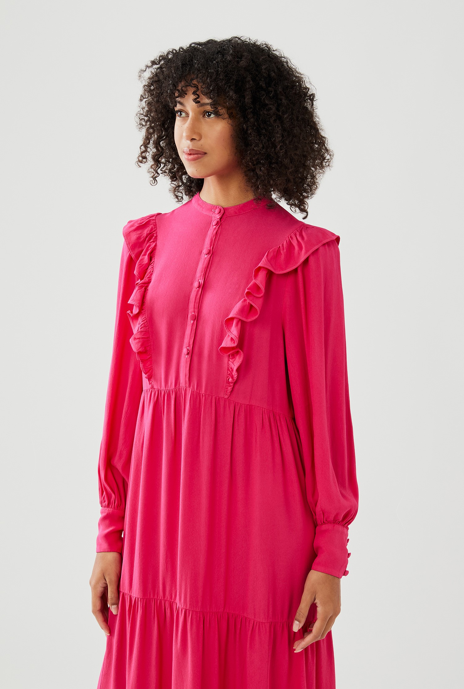 Midi Crepe Dress With Long Plain Sleeves In Pink With Voluminous ...