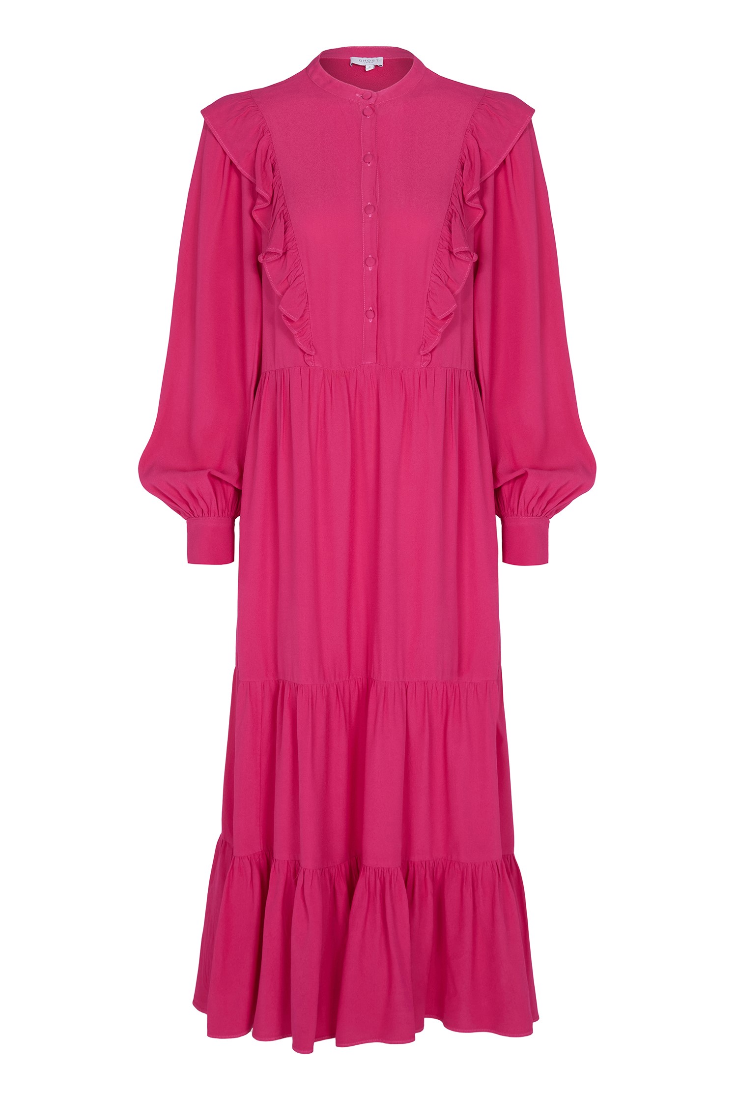 Midi Crepe Dress With Long Plain Sleeves In Pink With Voluminous ...