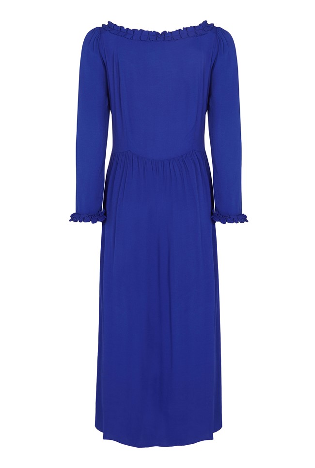 Midi Crepe Dress With 3/4 Sleeves In Blue With Gathered Waist | Semi ...