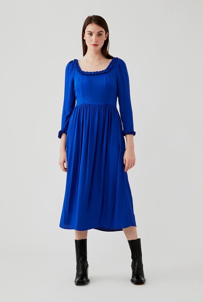 Midi Crepe Dress With 3/4 Sleeves In Blue With Gathered Waist | Semi ...