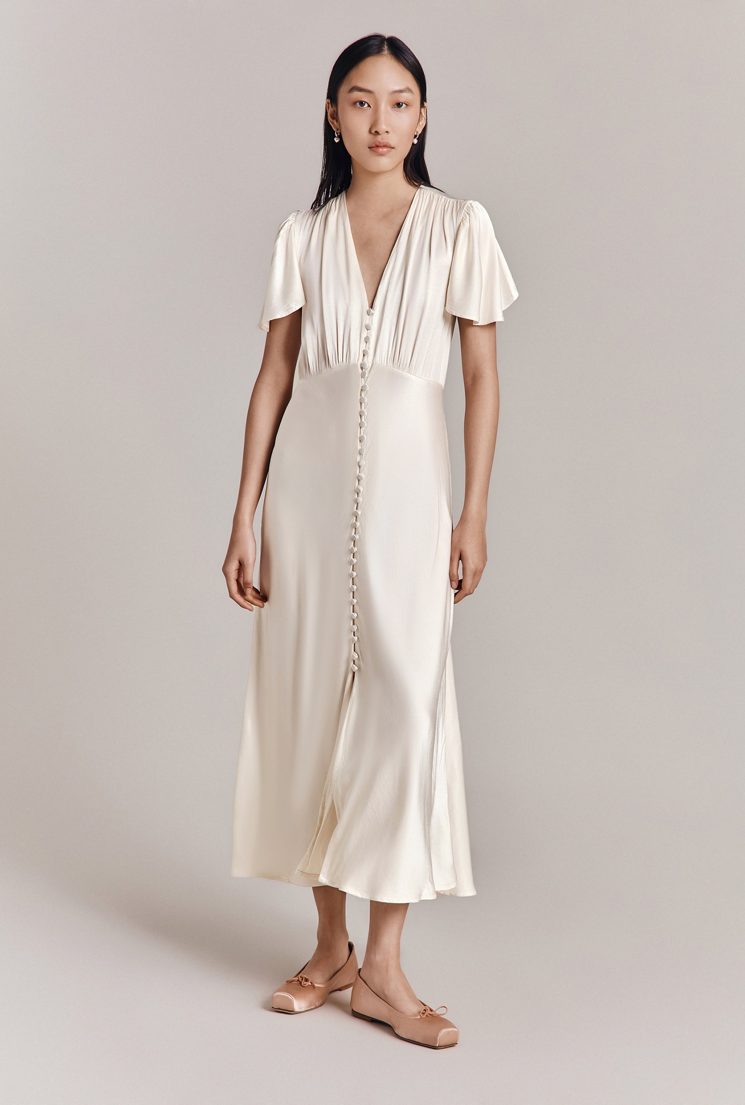 Grace Ivory Satin Midi Dress | Ghost London