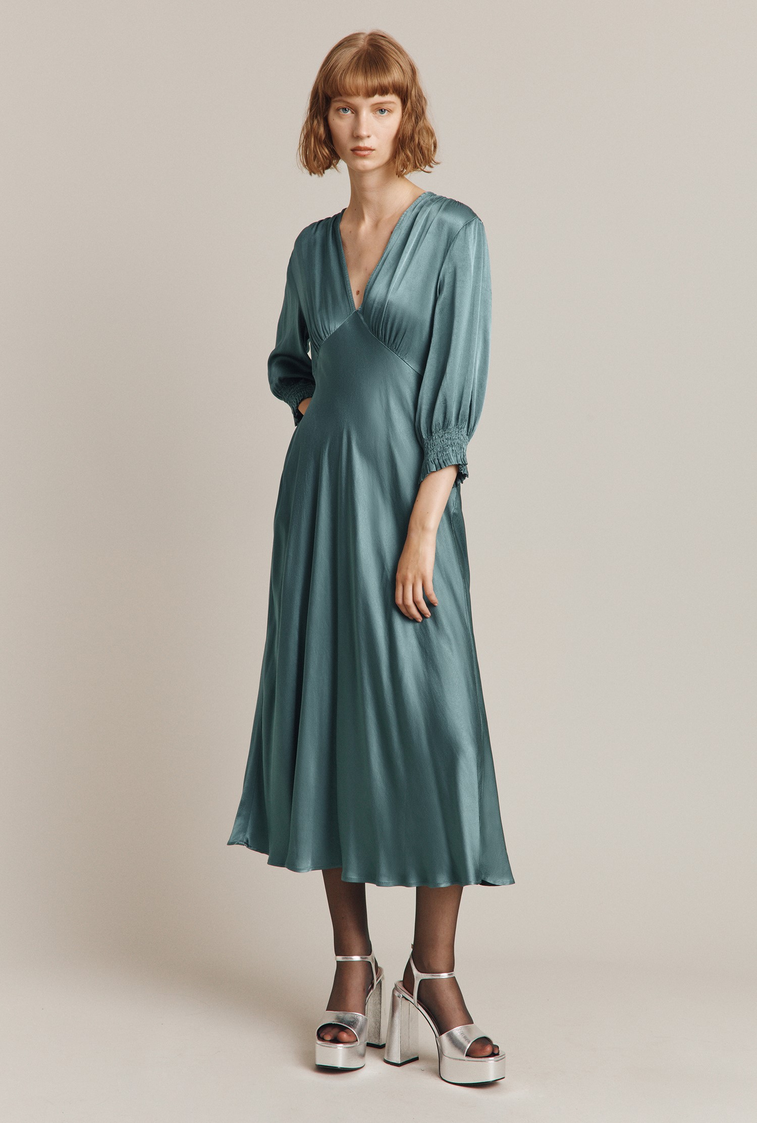 Elle Blue Satin Midi Dress | GHOST