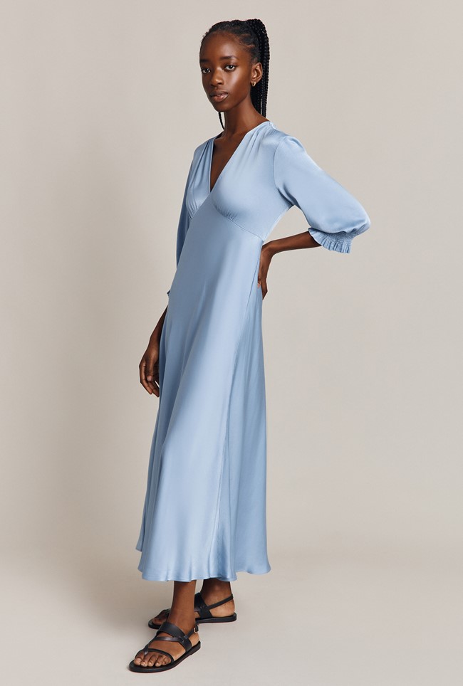 Elle Blue Satin Midi Dress | Ghost London