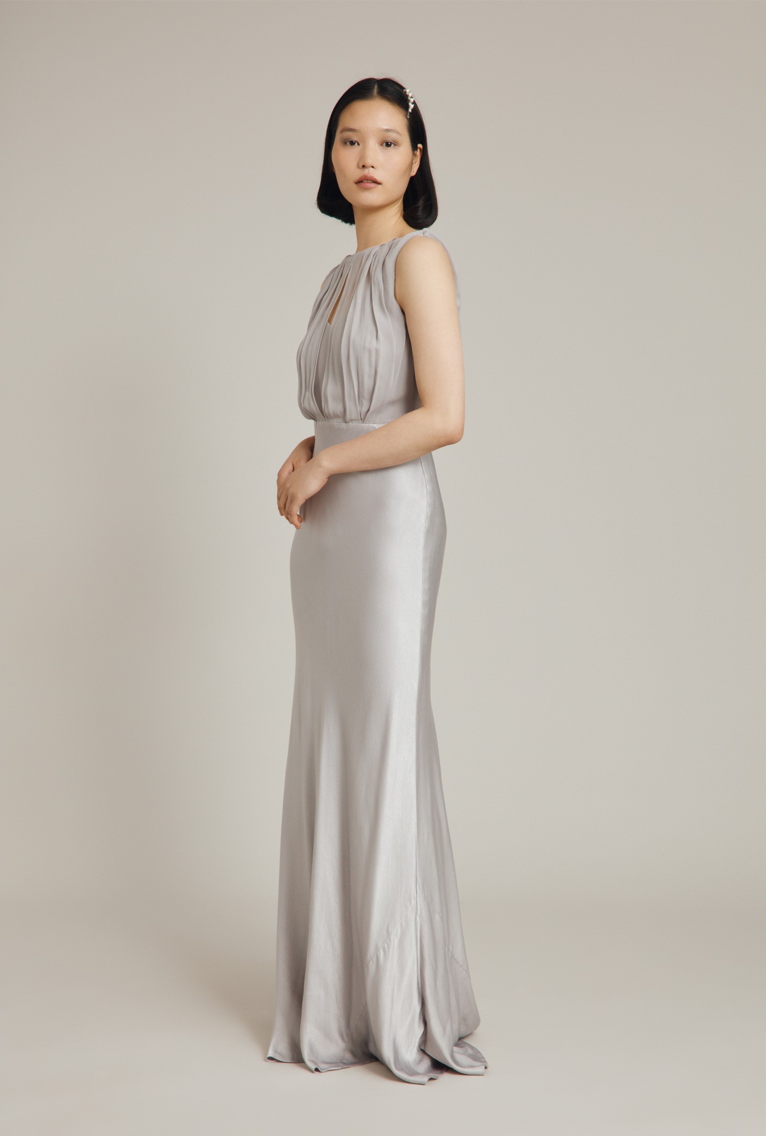 silver satin maxi dress