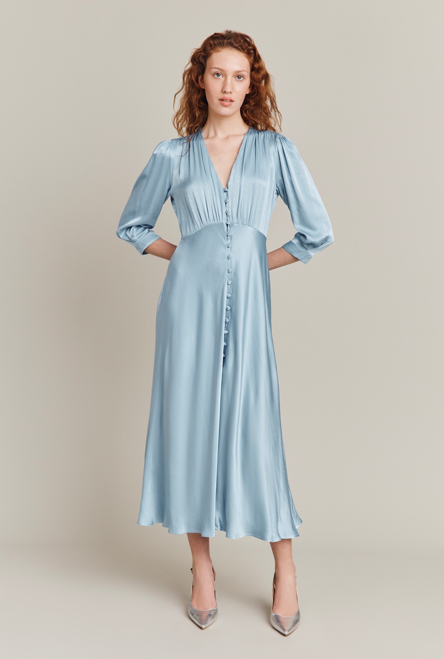 Madison Soft Blue Satin Midi Dress Ghost London