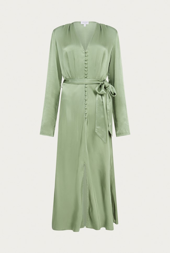 Meryl Antique Green Satin Midi Dress