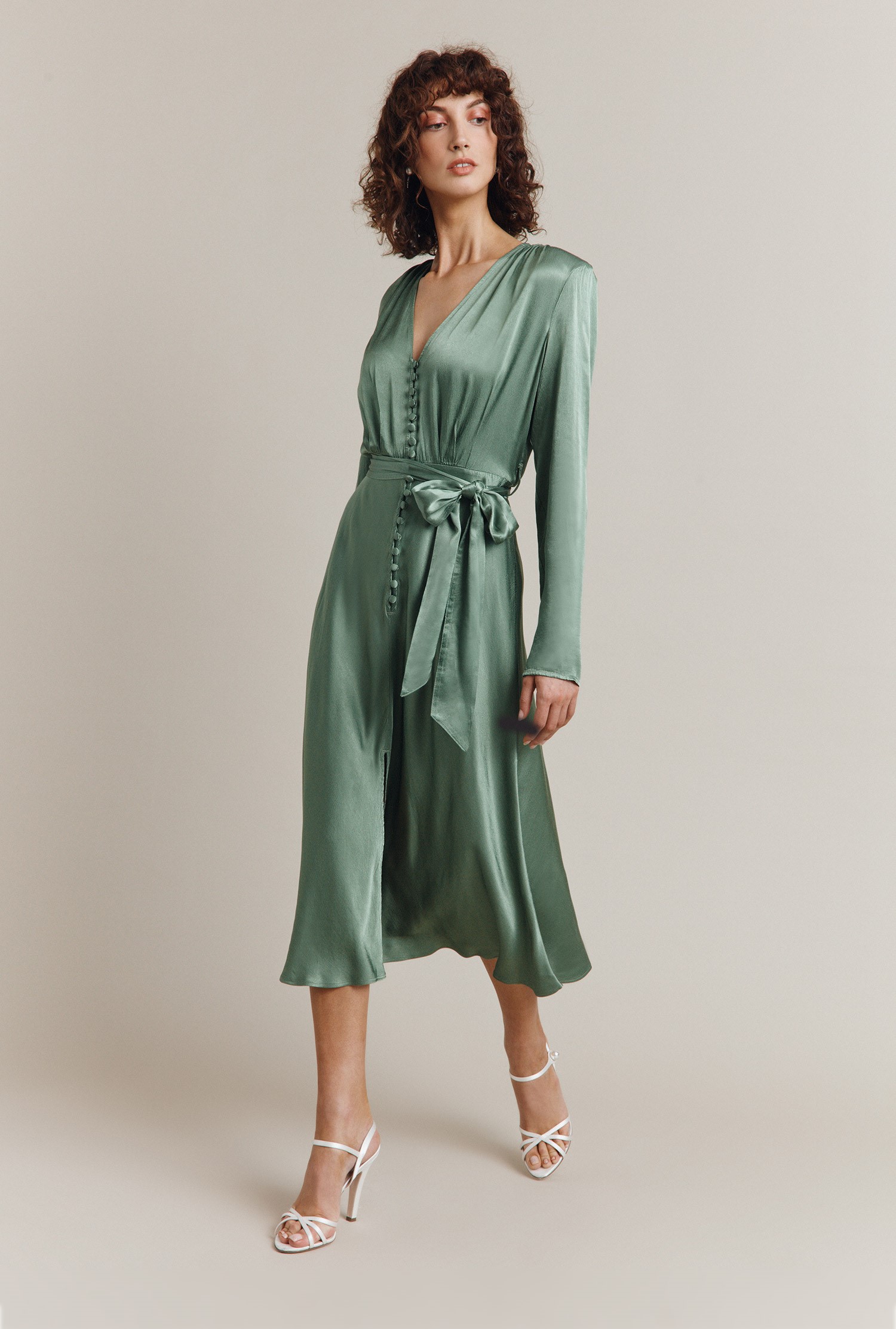 Meryl Antique Green Satin Midi Dress | Ghost London
