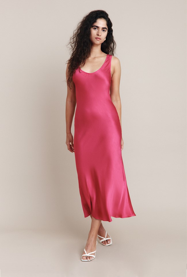 Palm Hot Pink Satin Slip Midi Dress