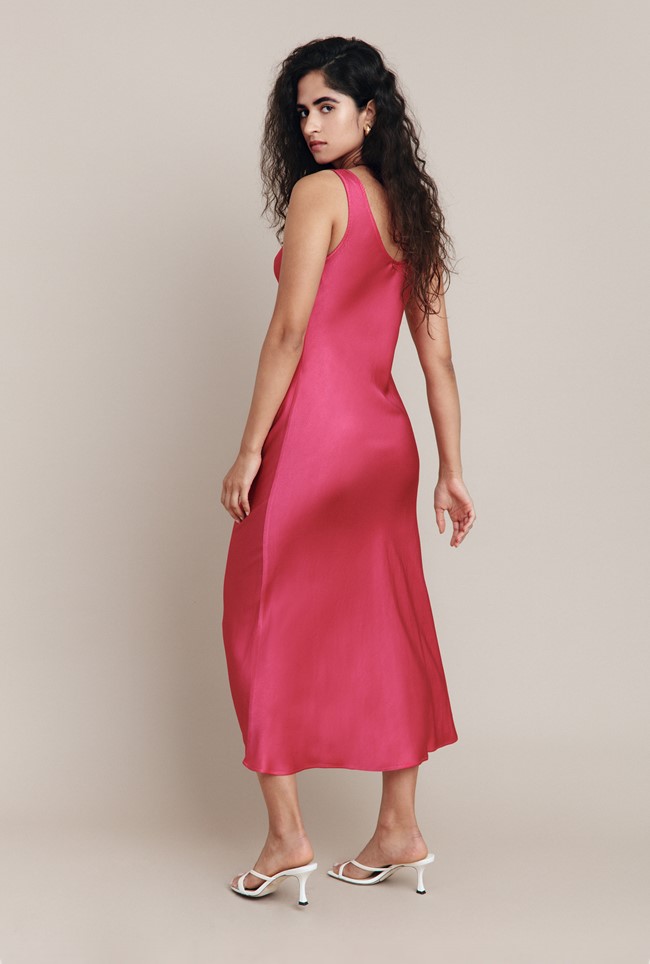 Palm Hot Pink Satin Slip Midi Dress