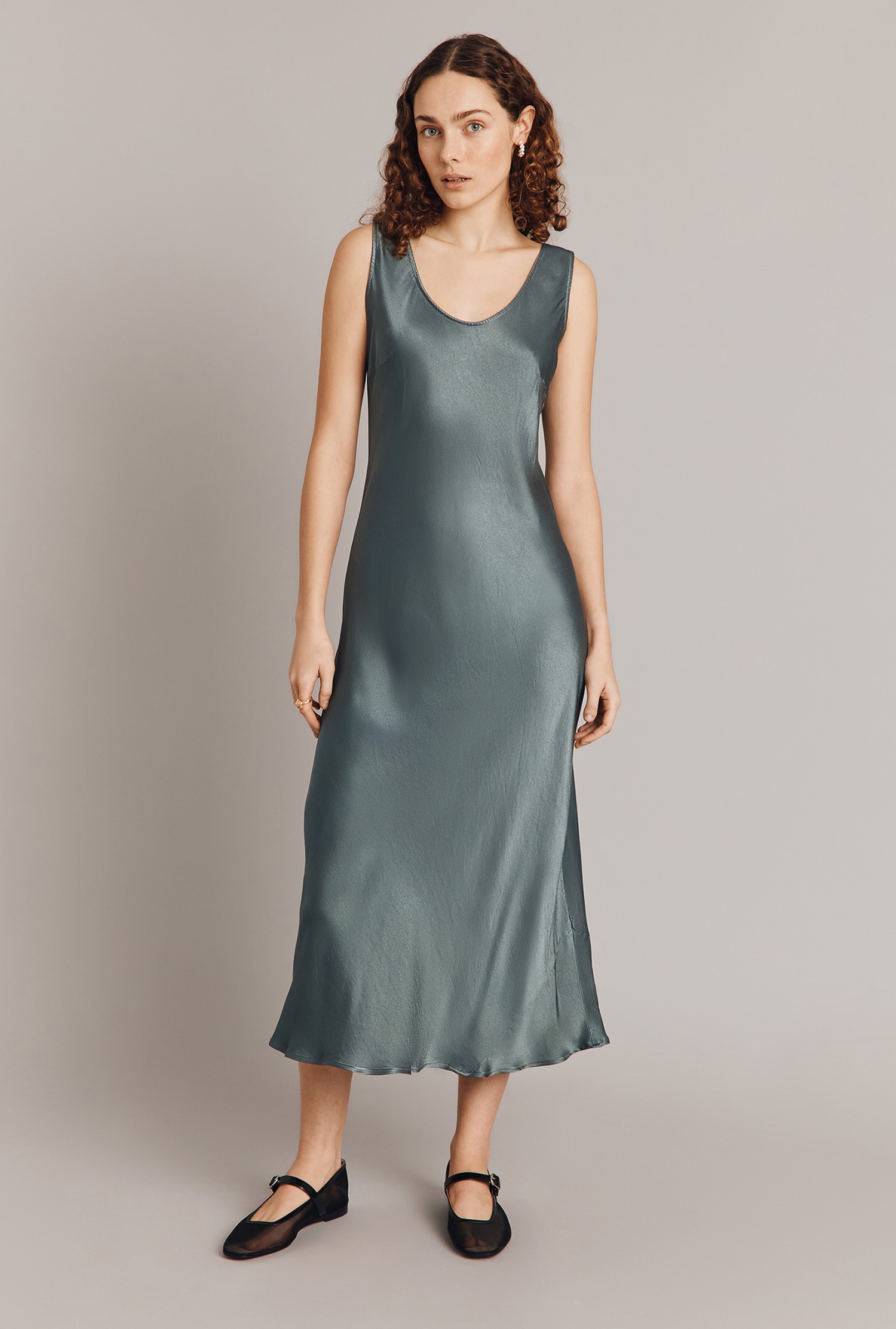 Palm Satin Slip Midi Dress