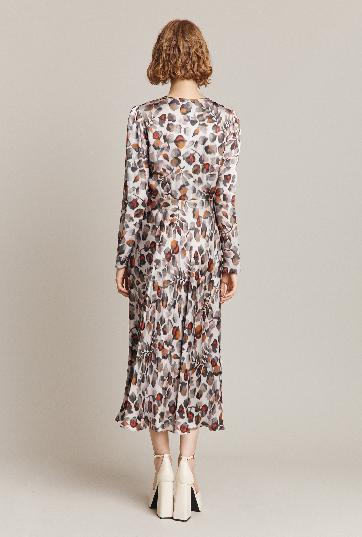 Verity Grey Leaf Print Satin Midi Dress | Ghost London