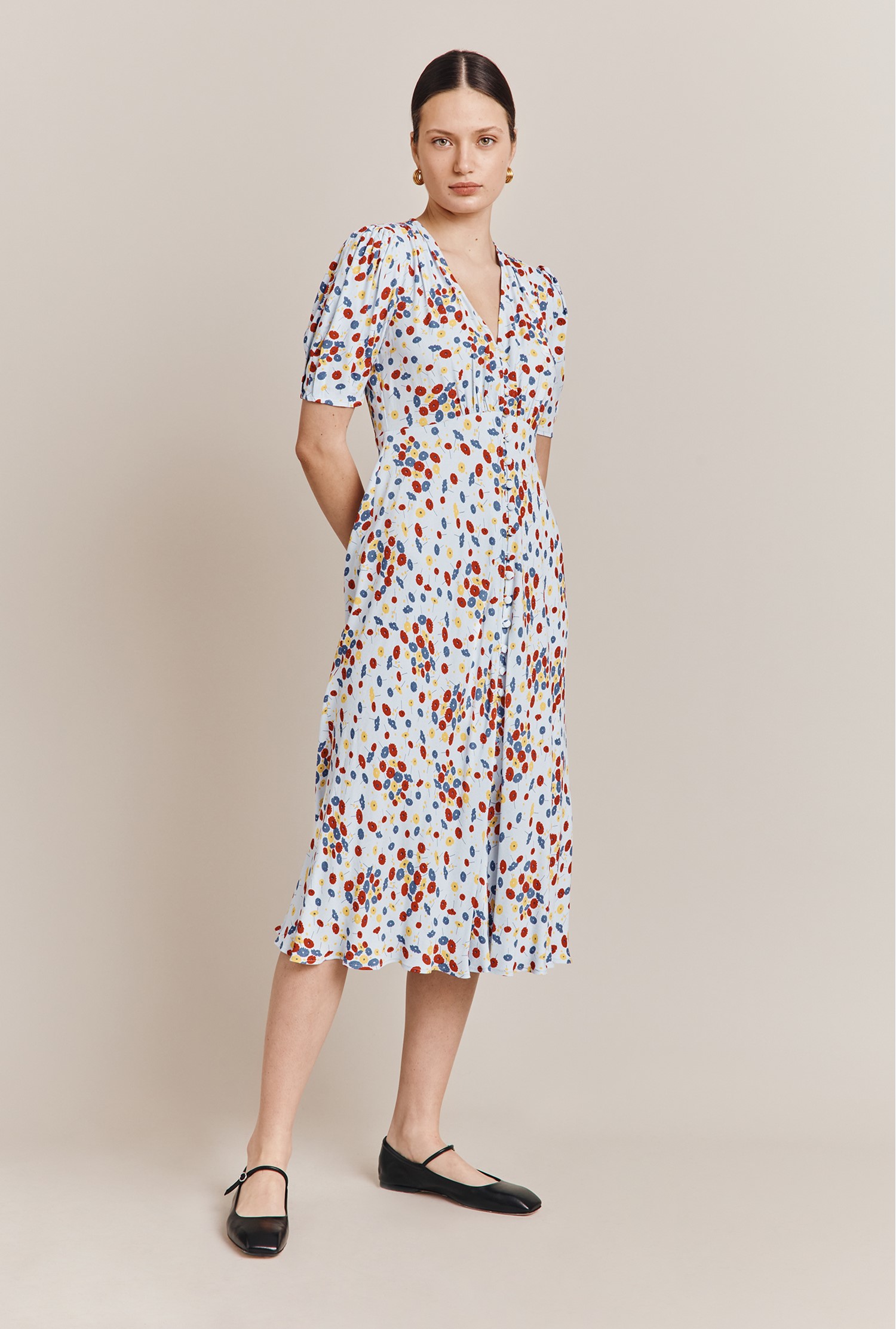 Lucy Blue Umbrella Flowers Print Midi Dress Ghost London