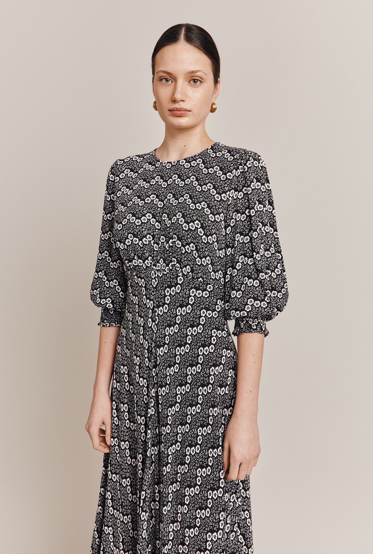 Pippa Black Zig Zag Flower Midi Dress | Ghost London