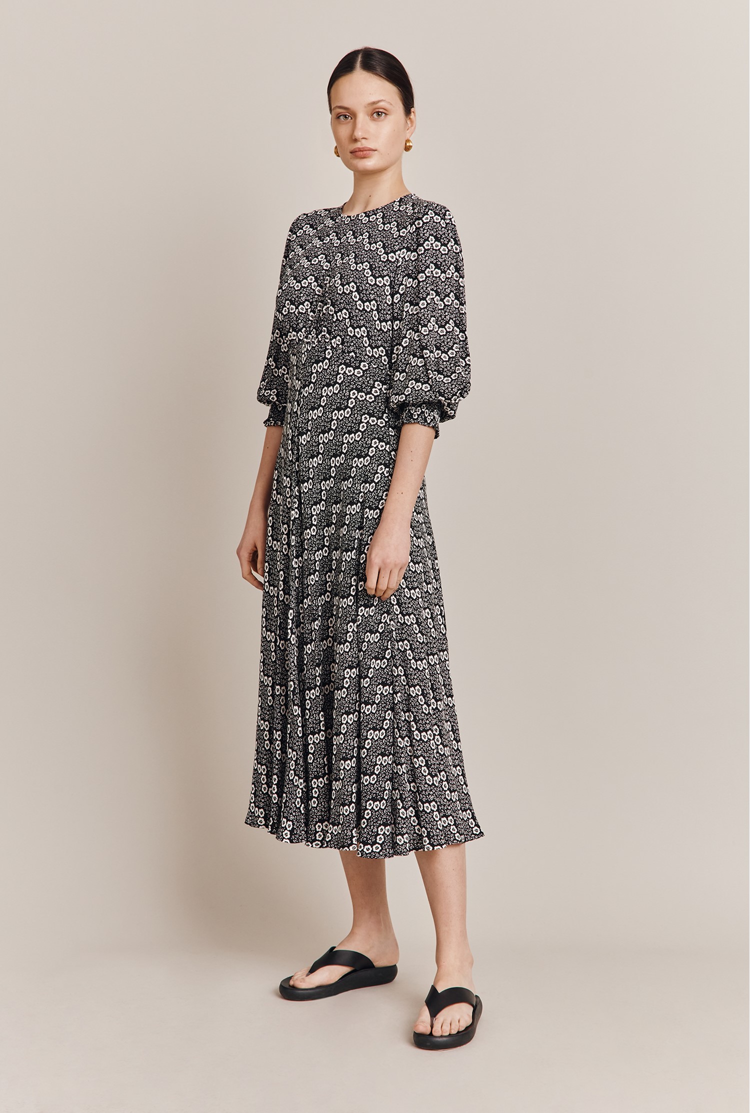 Pippa Black Zig Zag Flower Midi Dress | Ghost London