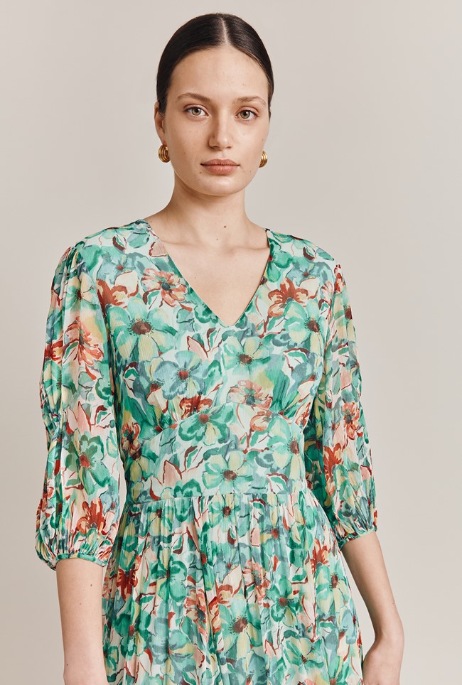 Margot Georgette Green Floral Midi Dress