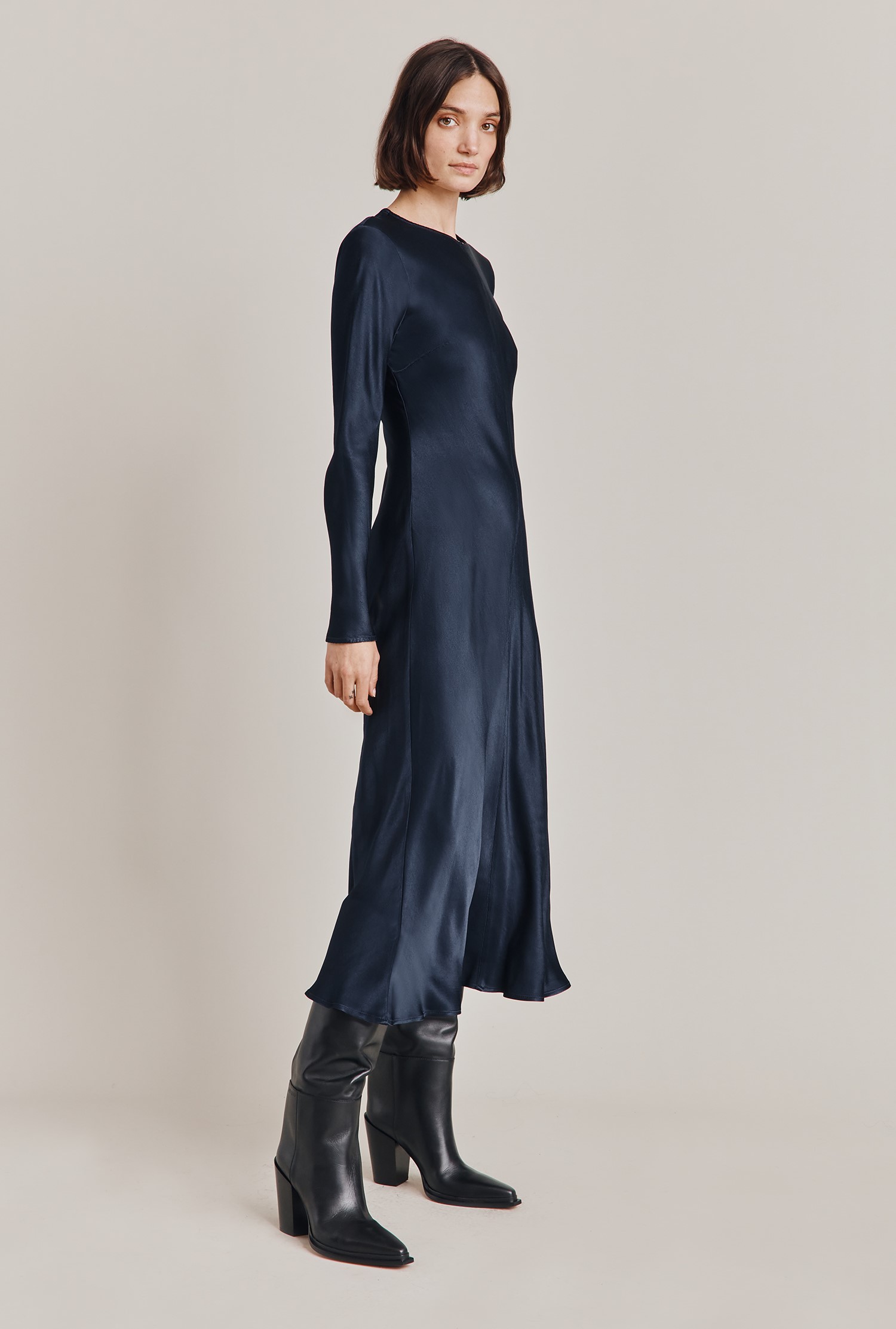 Mari Navy Satin Midi Dress | Ghost London