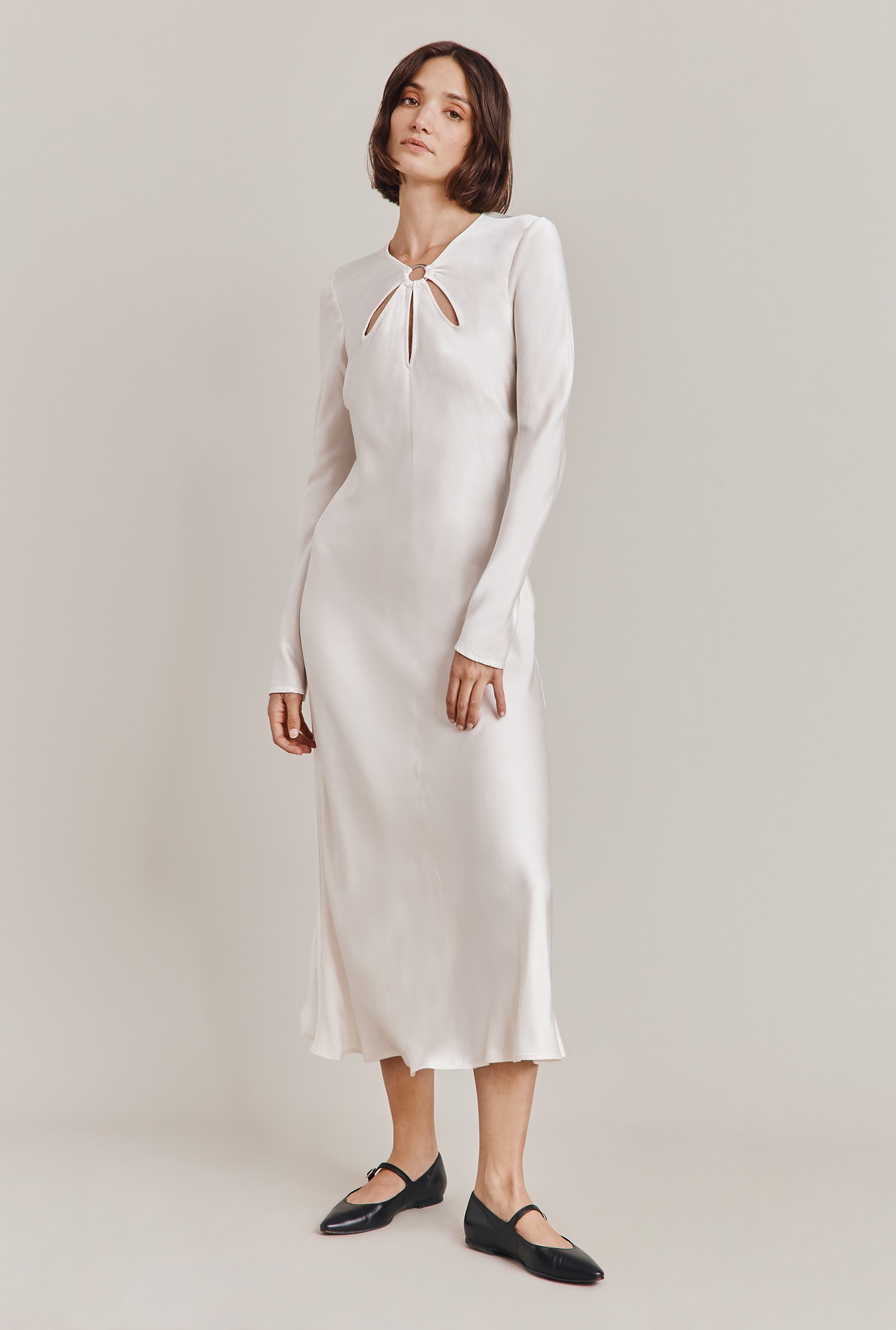 Freya Ivory Long Sleeve Satin Midi Dress | Ghost London