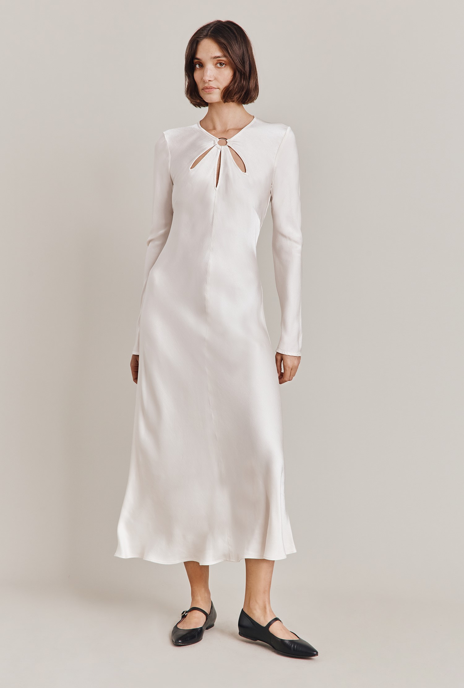 Freya Ivory Long Sleeve Satin Midi Dress | Ghost London