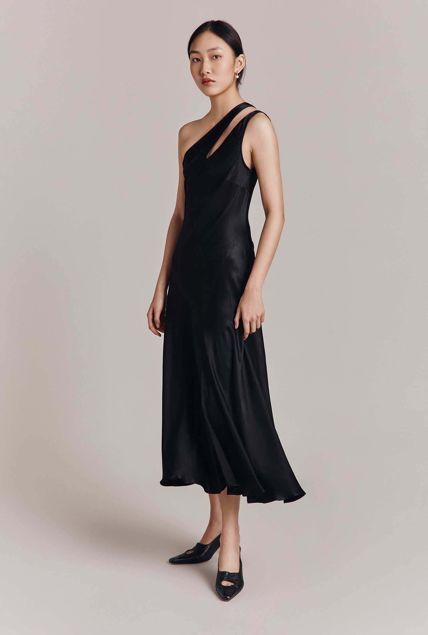 SATIN EFFECT MIDI DRESS - Black