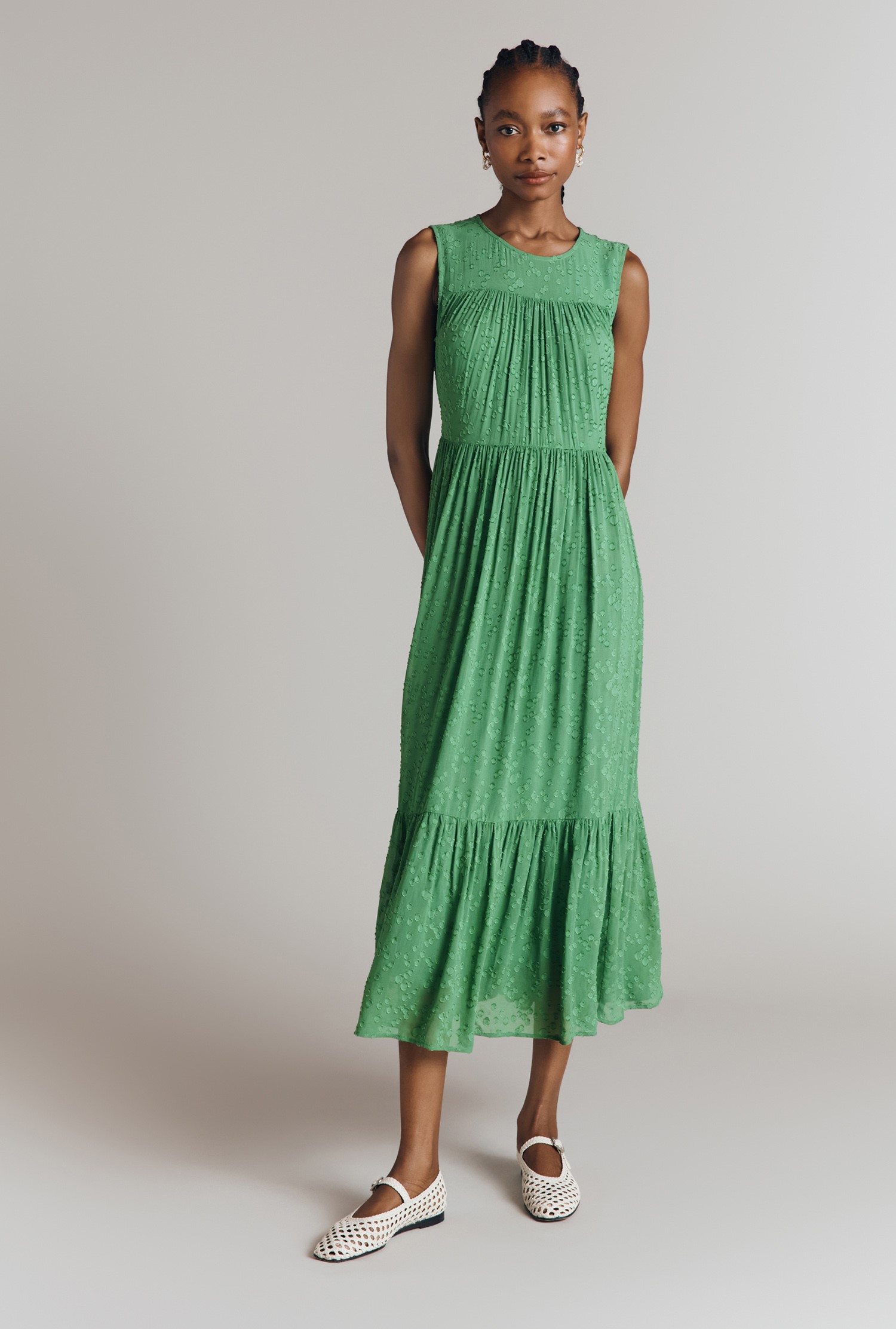 Sandy Green Georgette Jacquard Sleeveless Midi Dress | Ghost London