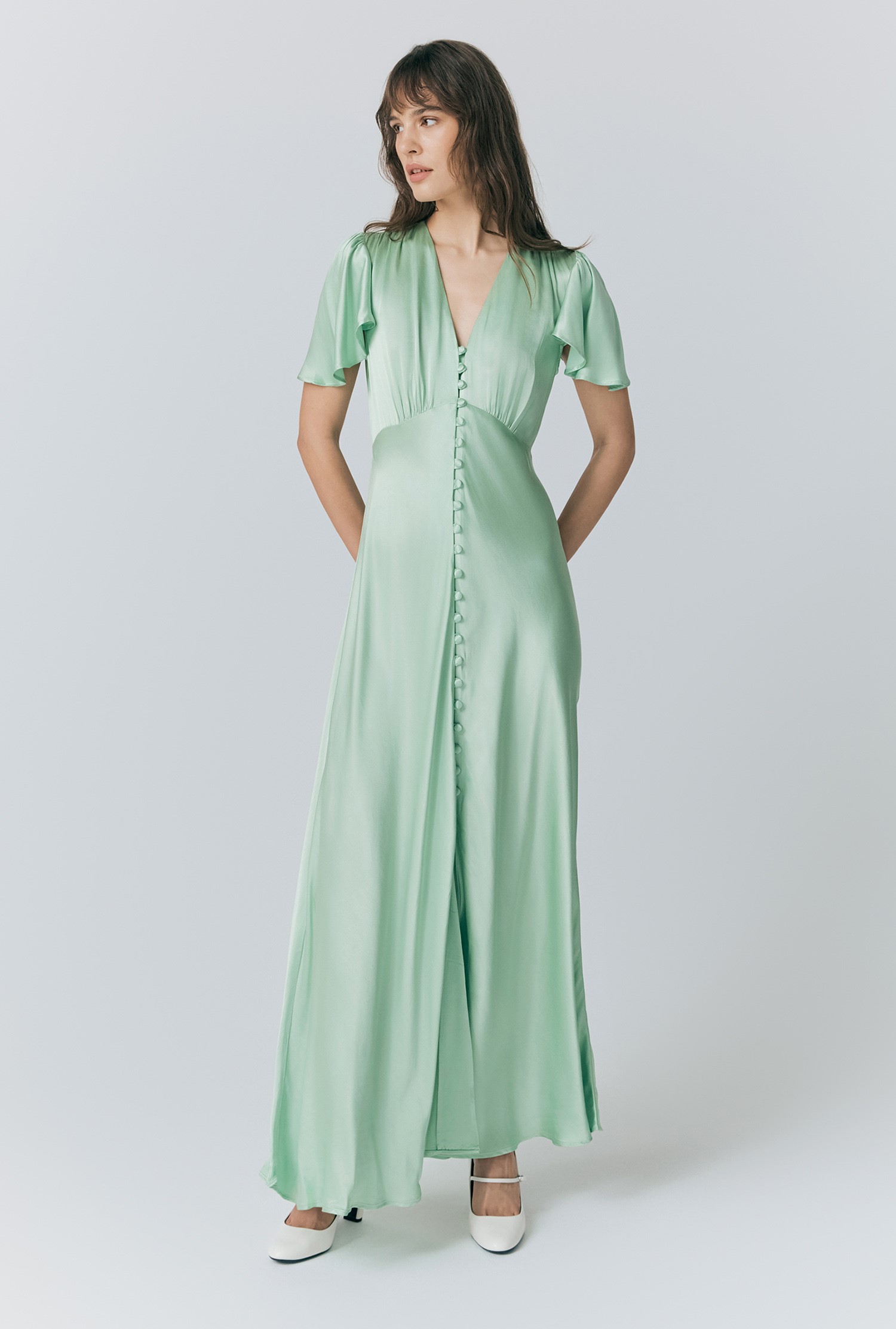 An image depicting Ghost Delphine Button Satin Maxi Dress