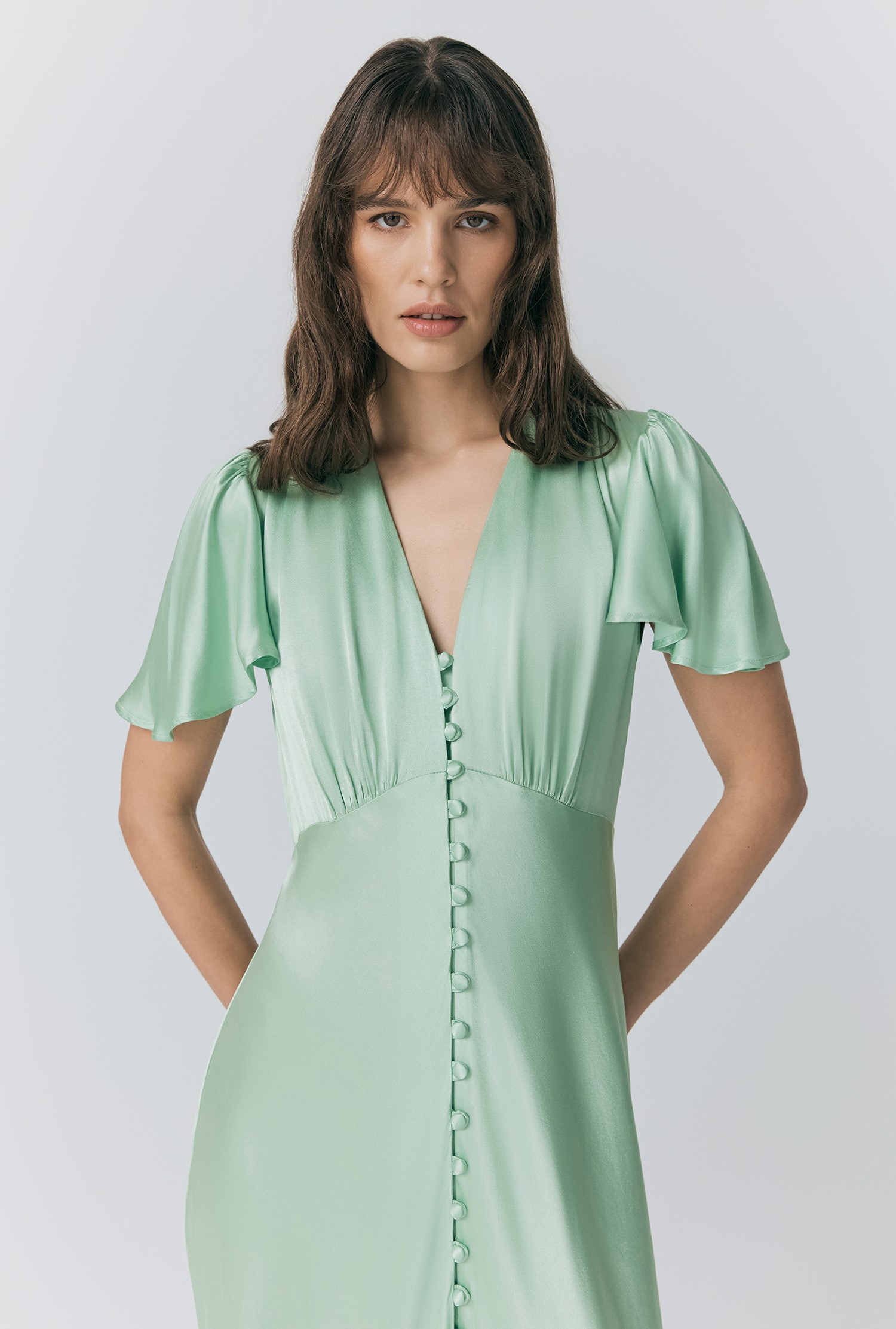 Delphine Mint Green Button Satin Maxi Dress | Ghost London
