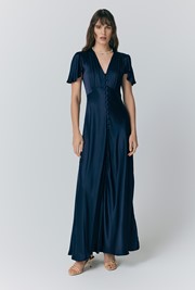 Delphine Button Satin Maxi Dress