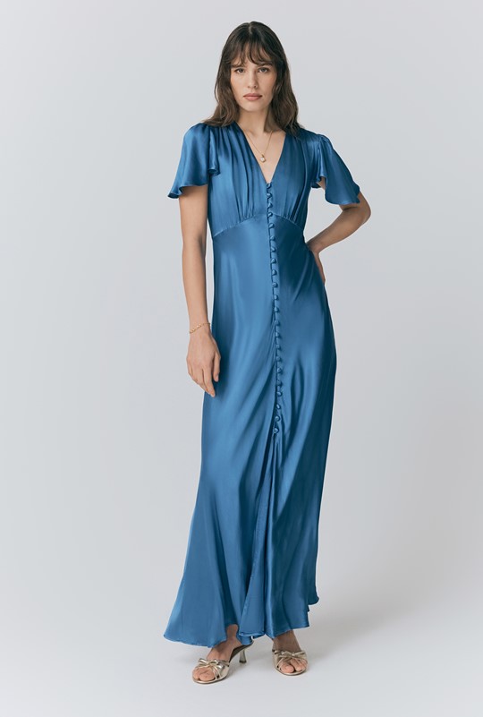 Delphine Button Satin Maxi Dress