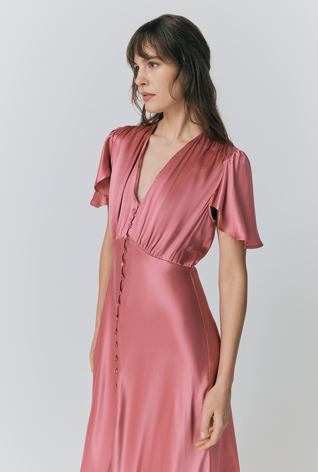 Grace Satin Button V-Neck Dress