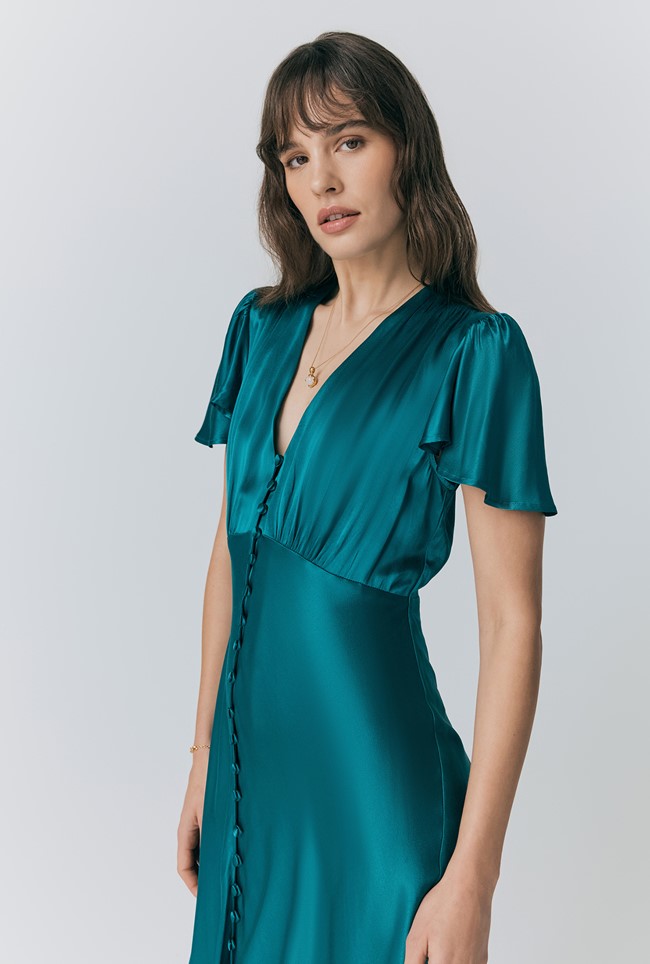 Grace Satin Button V-Neck Dress