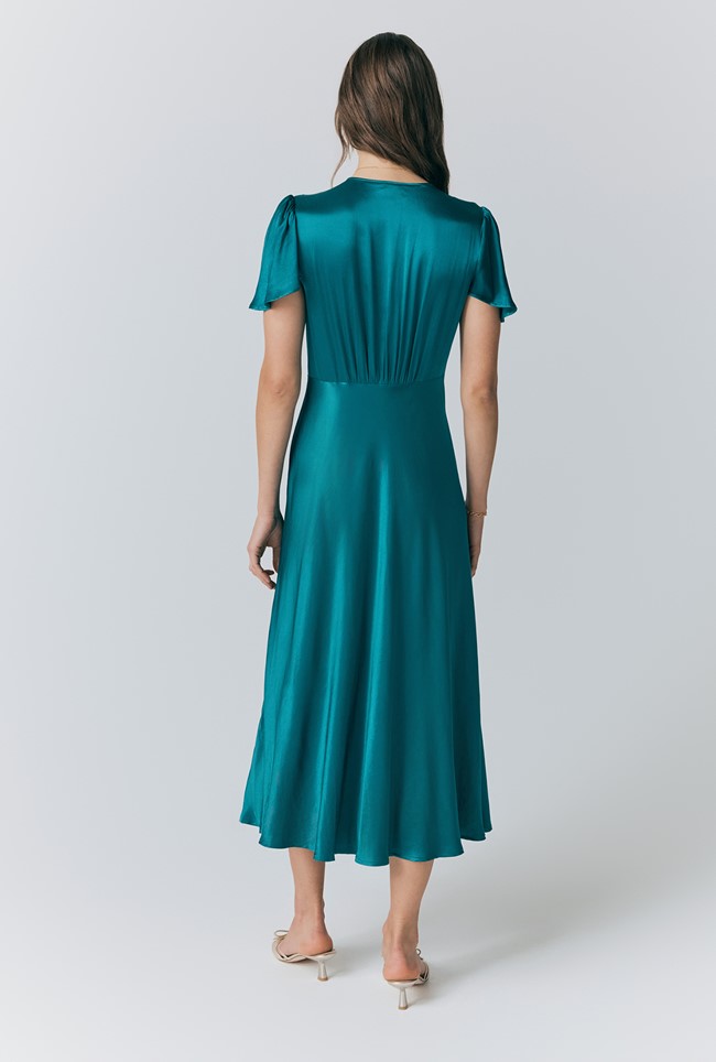 Grace Satin Button V-Neck Dress