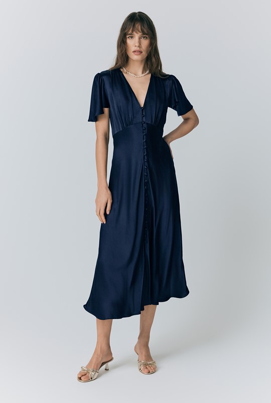 Grace Satin Button V-Neck Dress