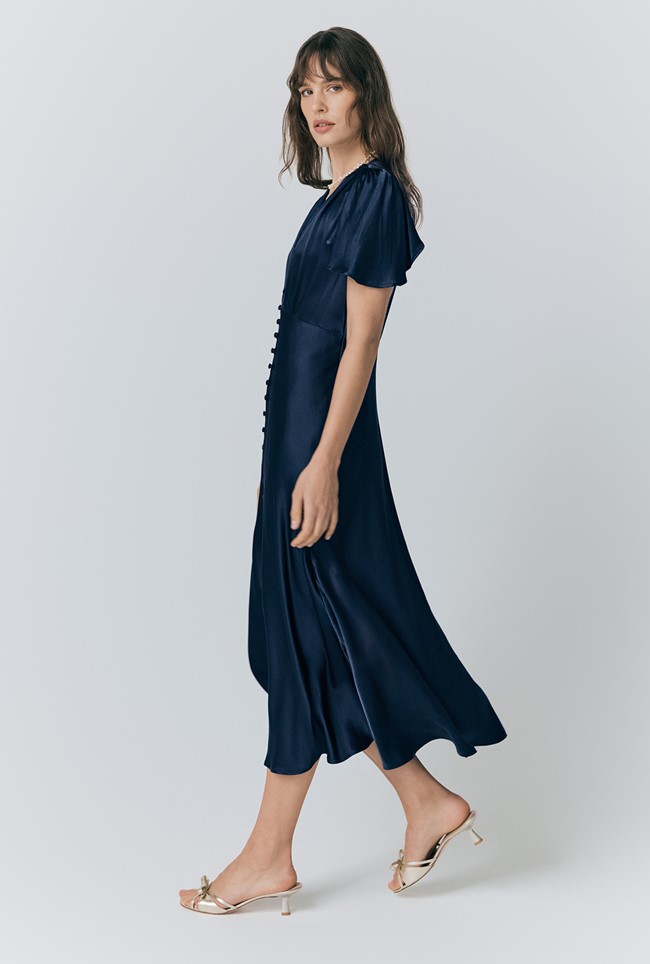 Grace Satin Button V-Neck Dress