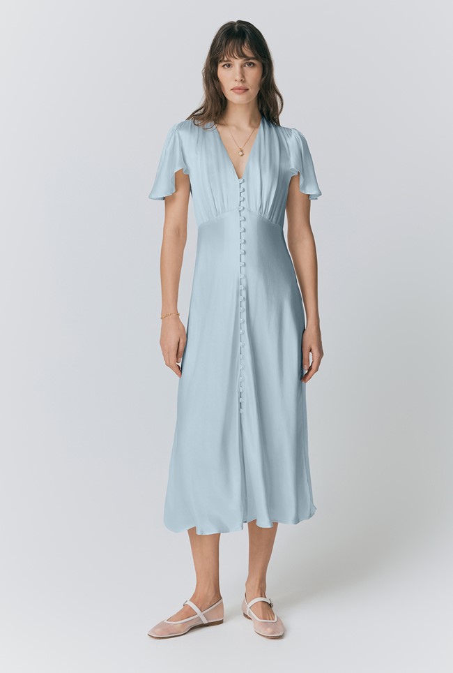 Grace Satin Button V-Neck Dress