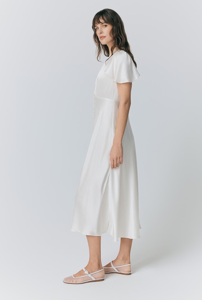 Grace Satin Button V-Neck Dress