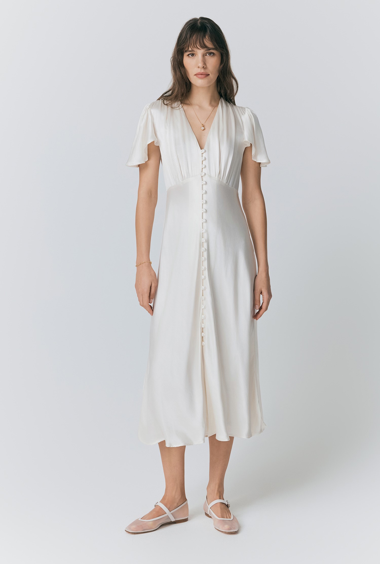 Ghost Grace Satin Button V-Neck Dress