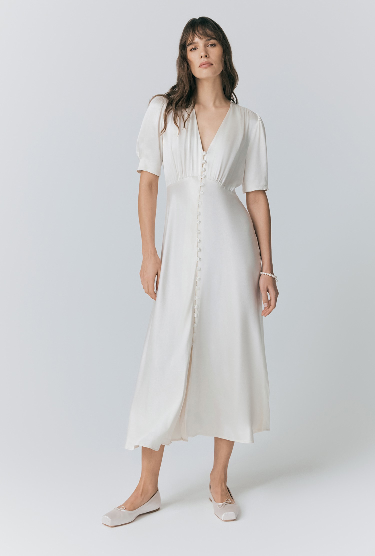 ghost exclusive maddison button front satin midi dress Ghost Madison V-Neck Satin Midi Dress, Emerald Sea