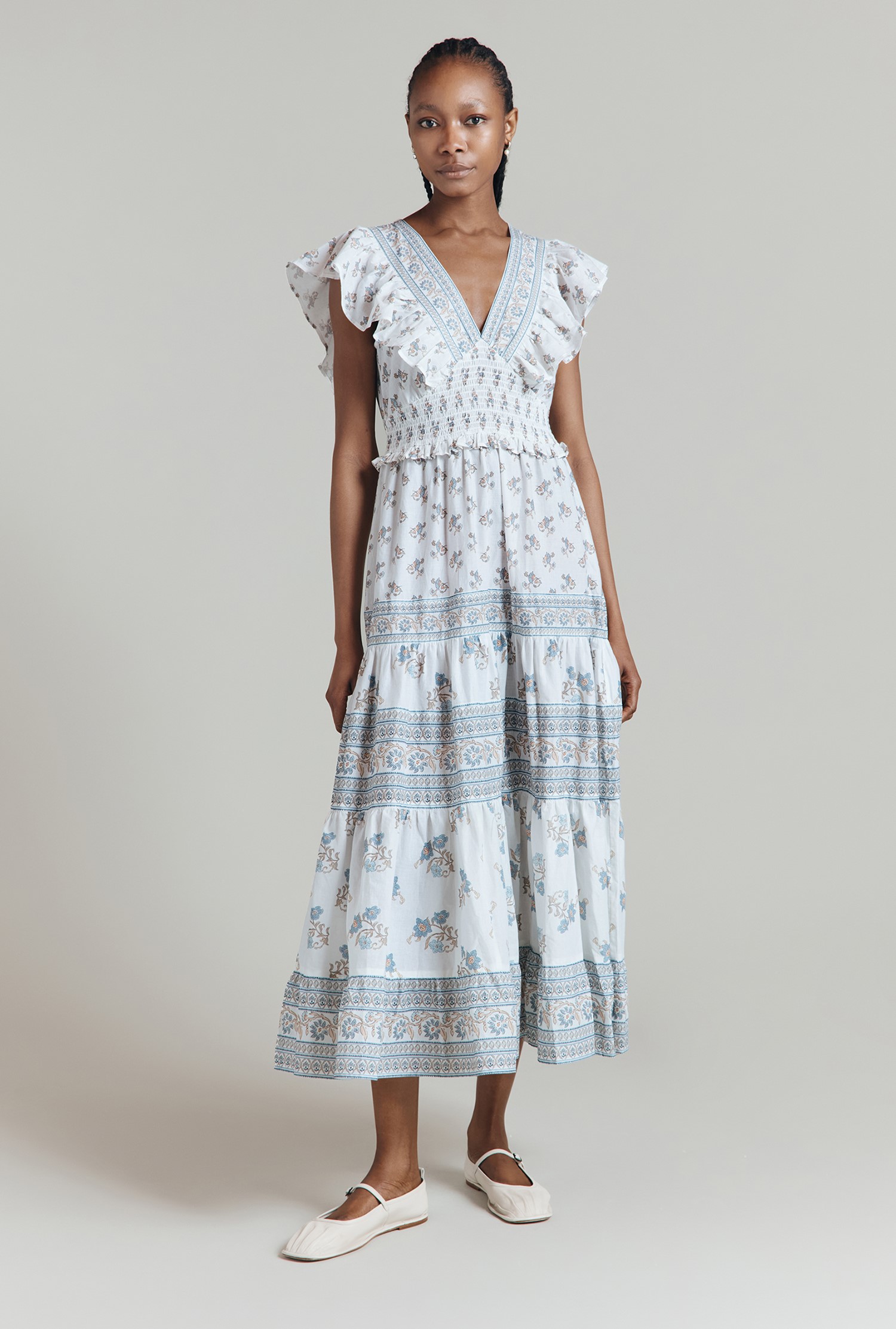 Lola Cotton Floral Border Print Ruffled Midi Dress | Ghost London