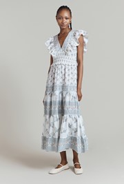 Lola Cotton Floral Border Print Ruffled Midi Dress