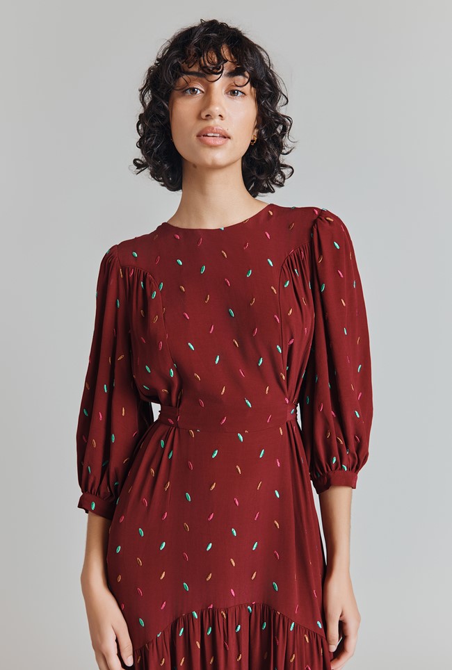 Lily Crepe Embroidered Spot Tie Back Midi Dress