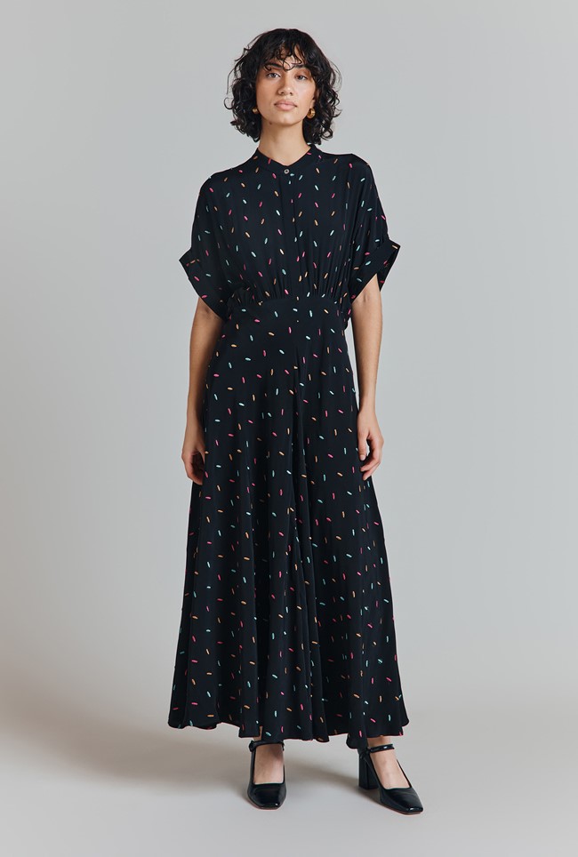 Arabella Spot Embroidered Wide Sleeve Midi Dress