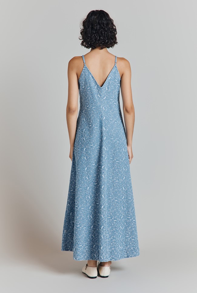 Ophelia Denim Embroidered Midi Slip Dress