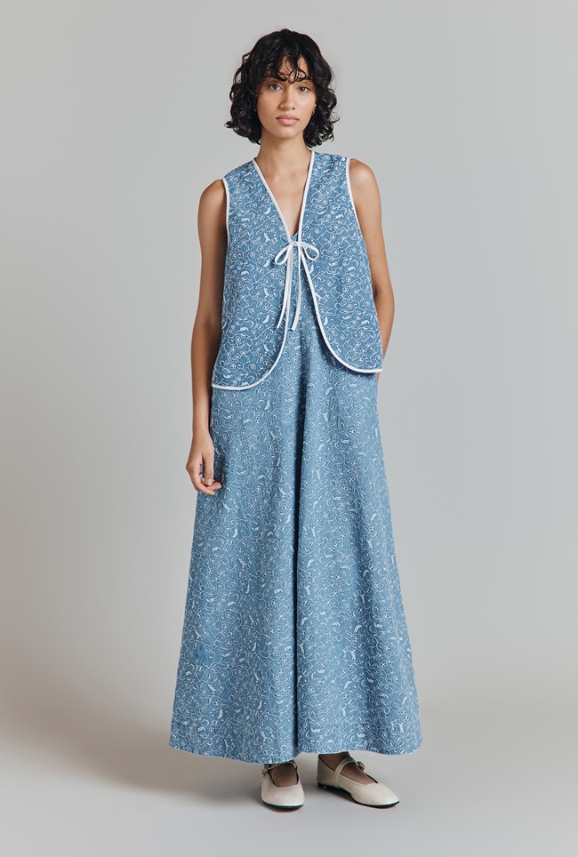 Ophelia Denim Embroidered Midi Slip Dress