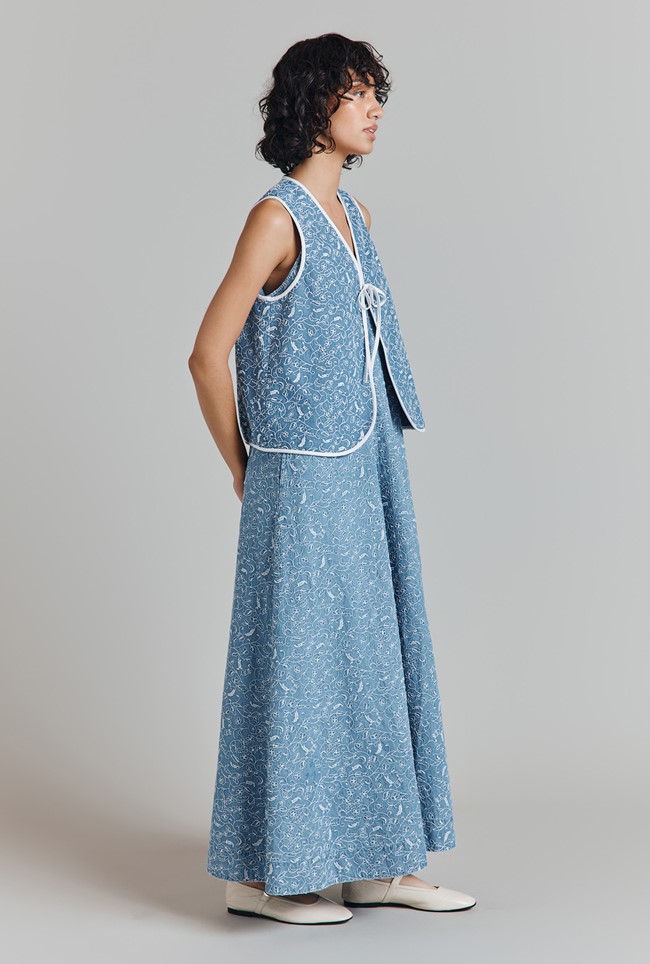 Ophelia Denim Embroidered Midi Slip Dress