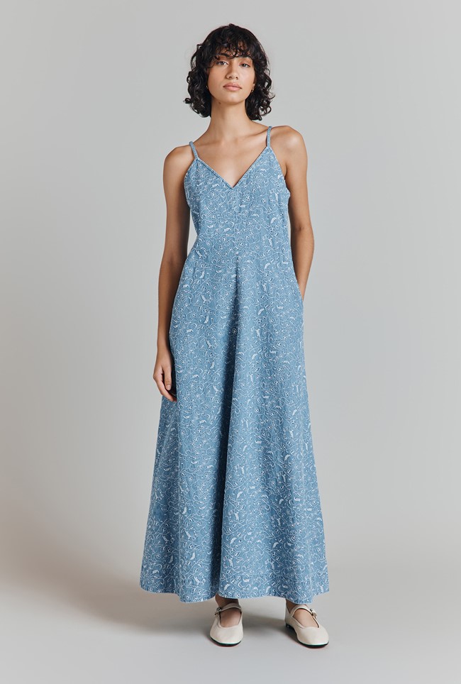 Ophelia Denim Embroidered Midi Slip Dress