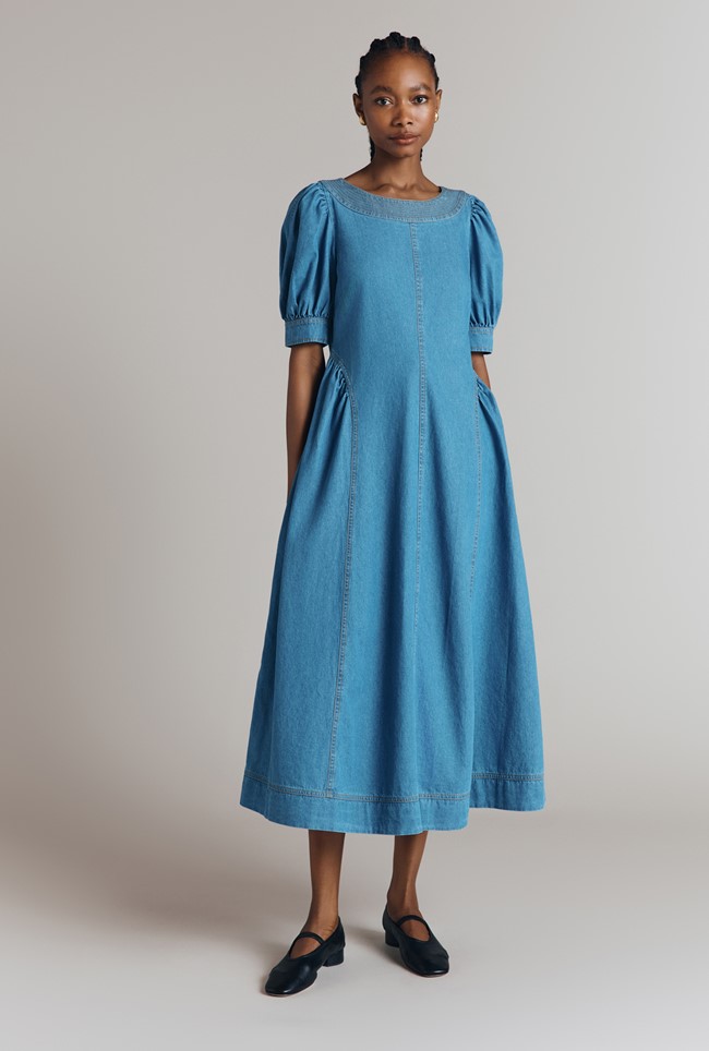 Agnes Denim Puff Sleeve Seamed Midi Dress