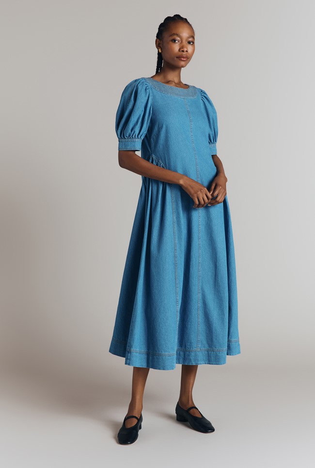 Agnes Denim Puff Sleeve Seamed Midi Dress